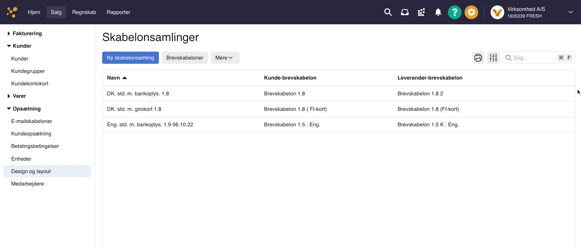 Viser menupunktet 'Design og layout' i Salgs-modulet – bruges til at finde og åbne den skabelonsamling, der skal redigeres.