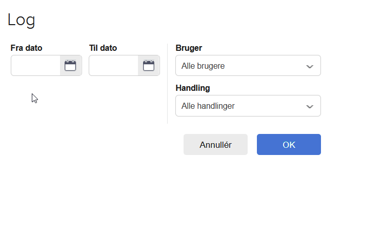Viser søgefelterne i systemloggen i e-conomic – bruges til at finde ud af, hvilken bruger der har udført en bestemt handling.