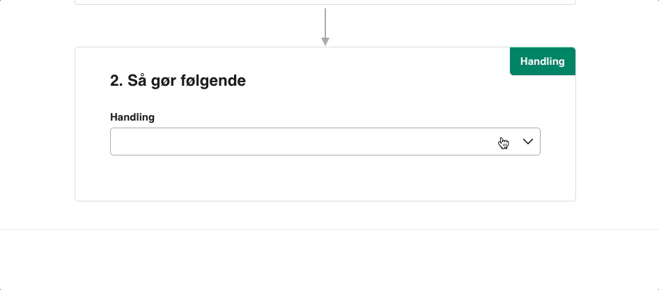 Viser dropdown-menuen 'Handling' i Bilag Workflows – bruges til at definere den handling, der skal udføres på bilaget.