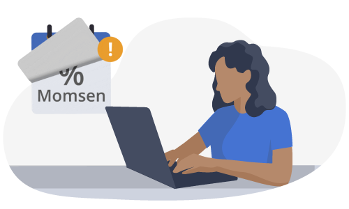 En illustration af en person, der sidder ved en computer, hvor der svæver en kalender ved siden af, der skal forestille en moms-deadline