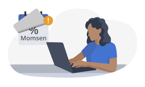En illustration af en person, der sidder ved en computer, hvor der svæver en kalender ved siden af, der skal forestille en moms-deadline
