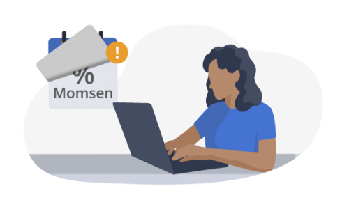 En illustration af en person, der sidder ved en computer, hvor der svæver en kalender ved siden af, der skal forestille en moms-deadline
