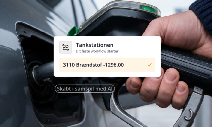 Et billede af en hånd, der tanker en bil med en boks, der viser posteringen fra købet af benzin foran