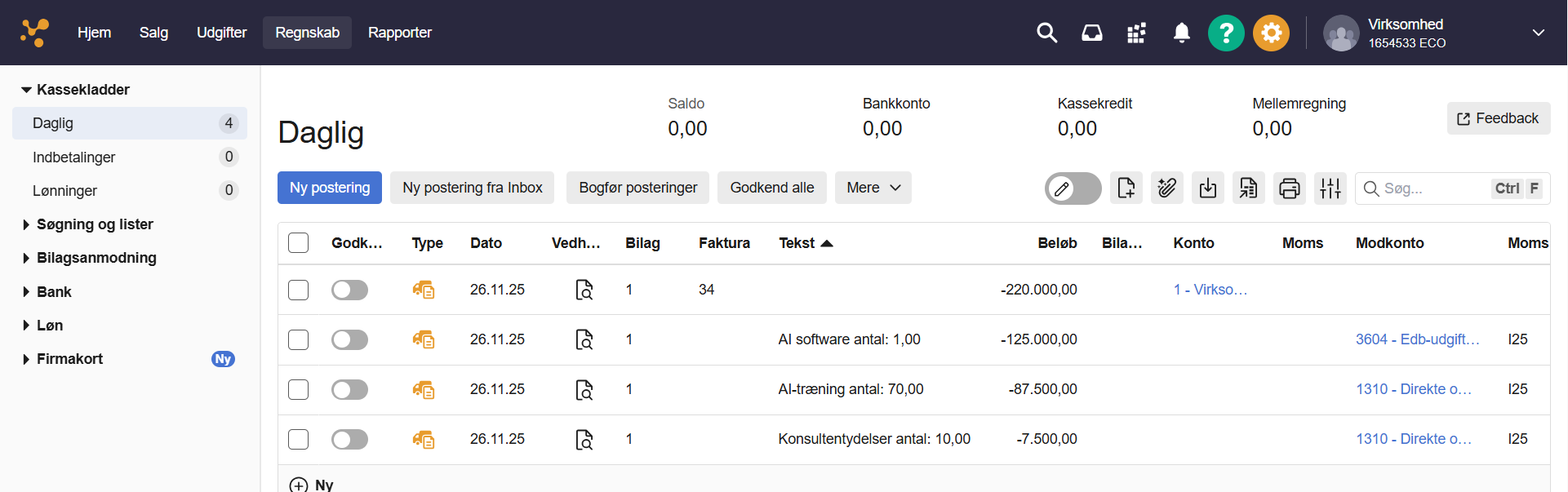 Viser liste over posteringer i Kassekladde – bruges til at gennemse og arbejde med registrerede bilag
