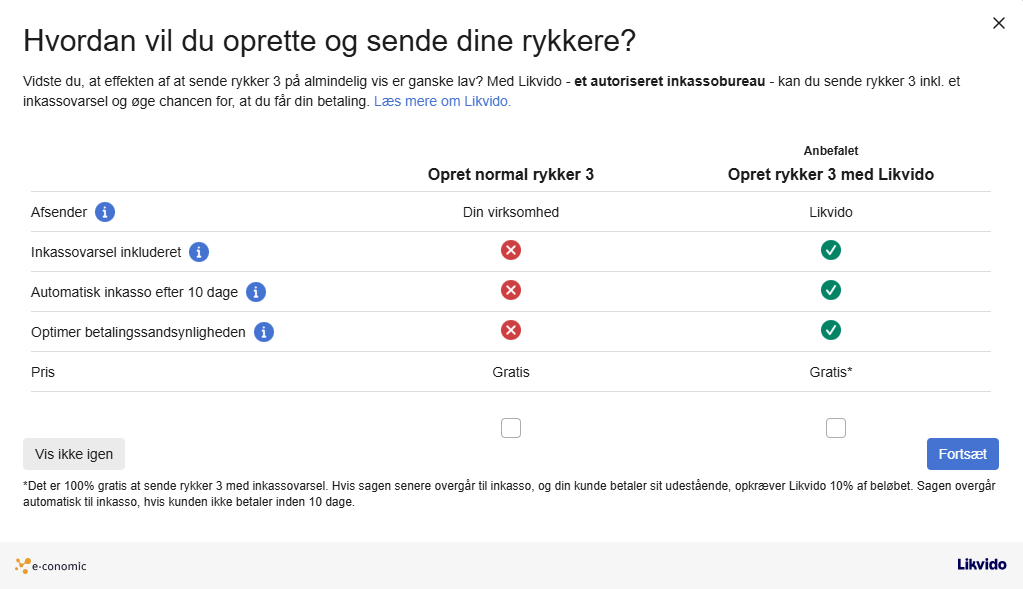 Viser pop-up i rykkermodulet med valg mellem almindelig rykker 3 og rykker 3 med inkassovarsel via Likvido – bruges til at vælge inkassoproces direkte ved afsendelse af rykker 3.