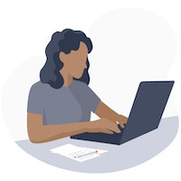 Illustration af en person, der sidder foran en computer med en blok papir ved siden af på bordet