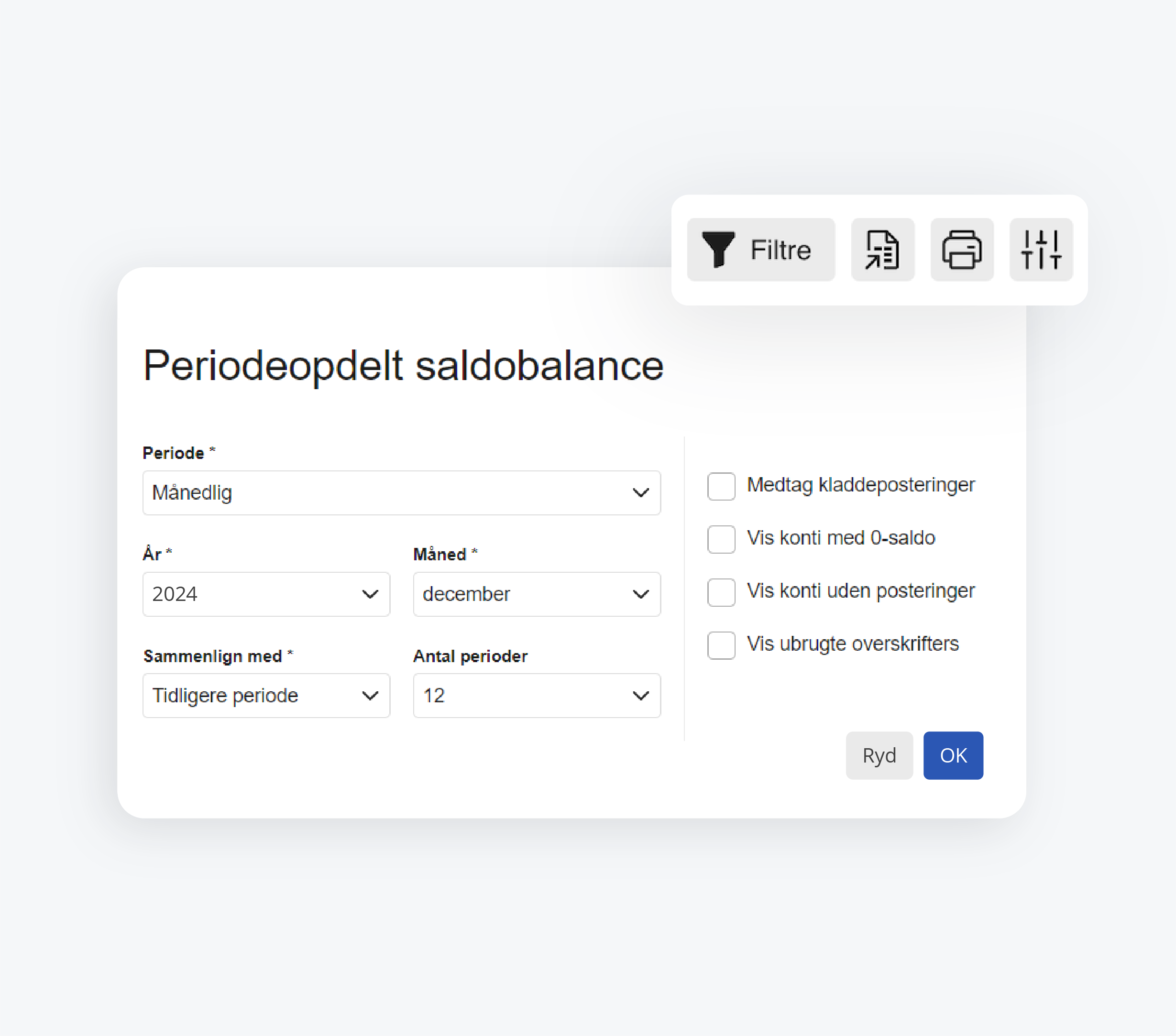 Et screenshot af e-conomics funktion Periodeopdelt saldobalance