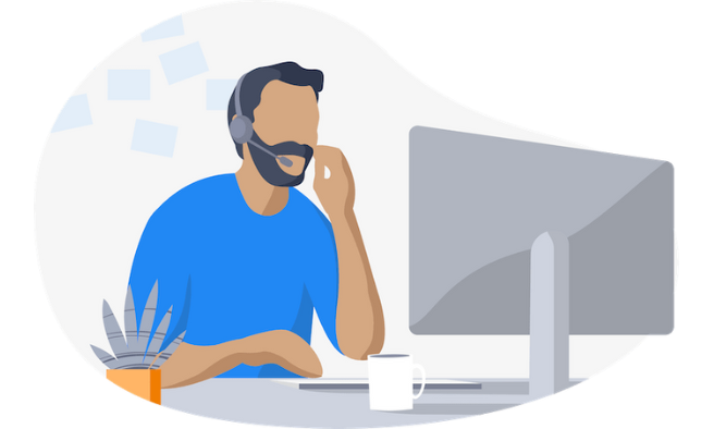 En illustration af en person, der sidder foran en computer og taler i telefon i et headset