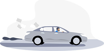 Illustrationen forestiller en mand i en grå bil, hvor der flyver papirer ud af vinduet, mens han kører
