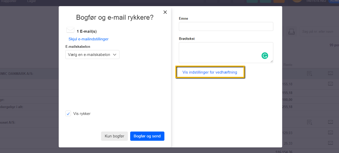 Viser knappen 'Vis indstillinger for vedhæftning' i vinduet til afsendelse af e-mailrykkere – bruges til at justere indstillinger for den vedhæftede fil.