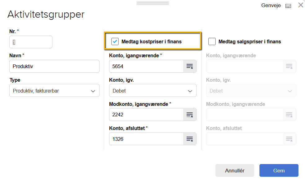 Viser indstillingerne for 'Medtag kostpriser i finans' i en aktivitetsgruppe – bruges til at opsætte automatisk bogføring af kostpriser fra projekter i finansregnskabet.