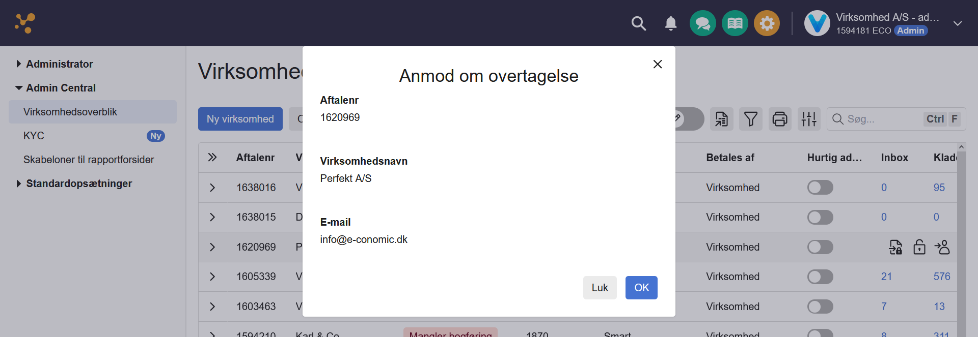 Viser pop op-vinduet 'Anmod om overtagelse' i Virksomhedsoverblikket – bruges til at sende en anmodning om at overtage ejerrettigheder og betaling på en kundes aftale.