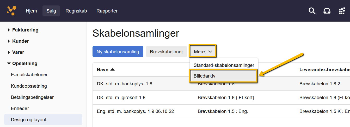 Viser menupunktet 'Billedarkiv' i Design og layout – bruges til at tilgå billedarkivet.