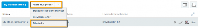 Viser menupunktet Billedarkiv i dropdown-menuen 'Andre muligheder' i Design og layout – bruges til at navigere til billedarkivet.