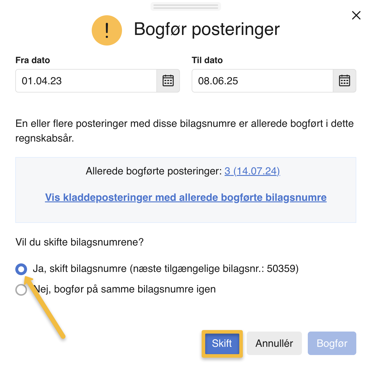 Viser advarselsdialogboksen for genbrugte bilagsnumre i kassekladden – bruges til at skifte til de næste ledige bilagsnumre ved bogføring.