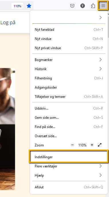 Viser menupunktet Indstillinger i Firefox' hovedmenu – bruges til at tilgå browserens indstillinger.