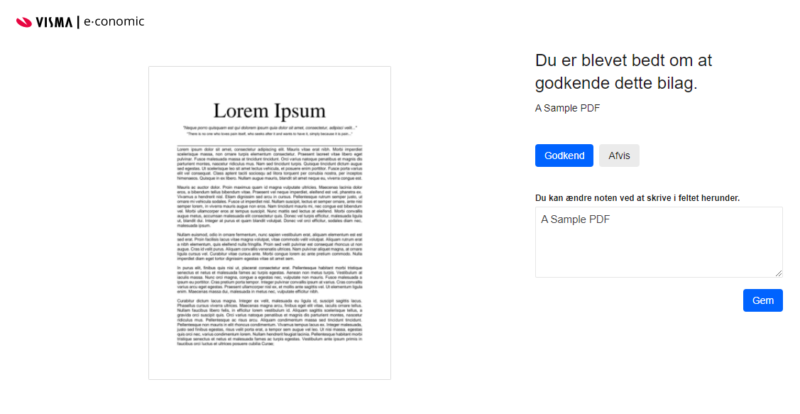 Viser godkendelsesvisningen for et bilag i godkendelsesflowet – bruges til at godkende eller afvise bilaget og tilføje en note.