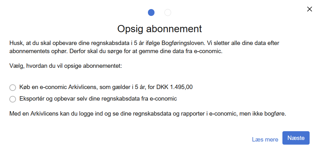 Viser dialogboksen for opsigelse af abonnement i Abonnementstatus – bruges til at tage stilling til, hvordan regnskabsdata skal opbevares.