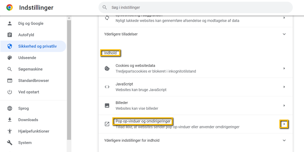 Viser indstillingen 'Pop op-vinduer og omdirigeringer' i Google Chromes indstillinger for 'Indhold' – bruges til at navigere til siden for at tillade pop op-vinduer.