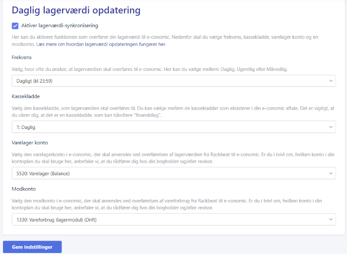 Viser indstillingerne for lagerværdi-synkronisering i Rackbeat-integrationen – bruges til at opsætte den automatiske overførsel af lagerværdi til e-conomic.