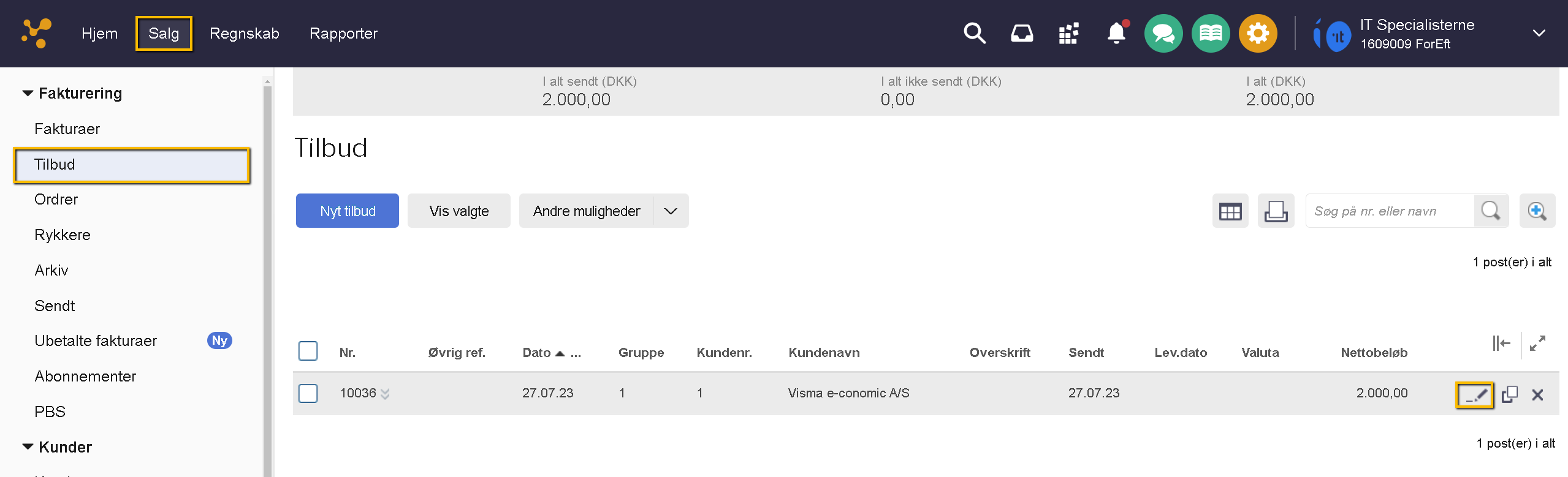 Viser redigér-ikonet i tilbudsoversigten under Salg – bruges til at redigere et eksisterende tilbud.