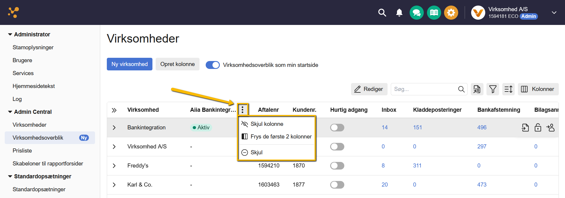 Viser menuen til at skjule en kolonne i Virksomhedsoverblik – bruges til at tilpasse sin visning ved at fjerne unødvendig information.