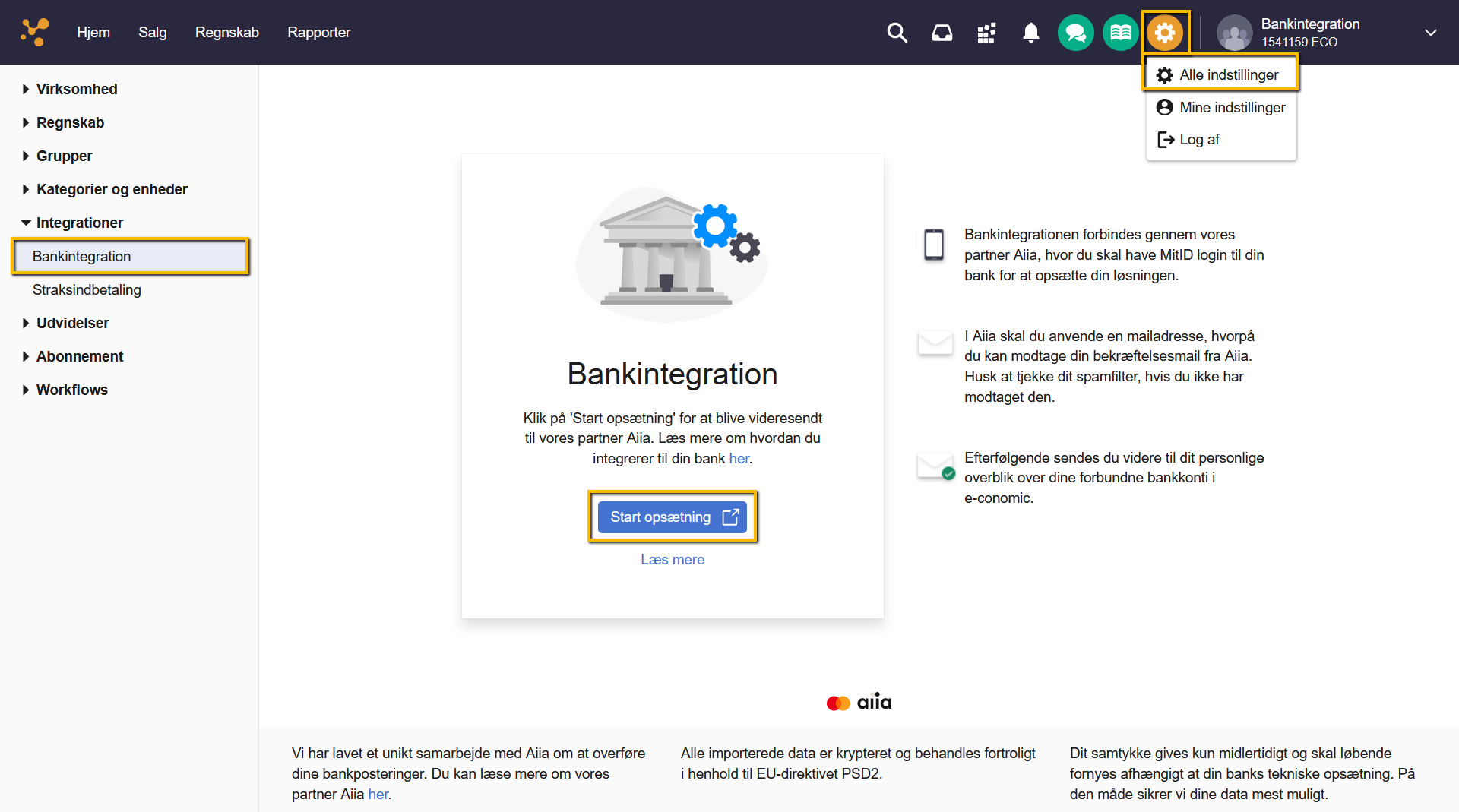 Viser 'Start opsætning'-knappen på siden 'Bankintegration' – bruges til at starte forbindelsen til en bank.