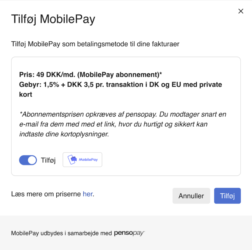 Viser aktiveringsvinduet for MobilePay i opsætningen for Betalingslink – bruges til at tilføje MobilePay som en betalingsmetode på fakturaer.