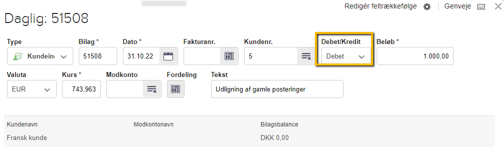 Viser oprettelse af en postering i kassekladden – bruges til at lave en postering til udligning i fremmed valuta.