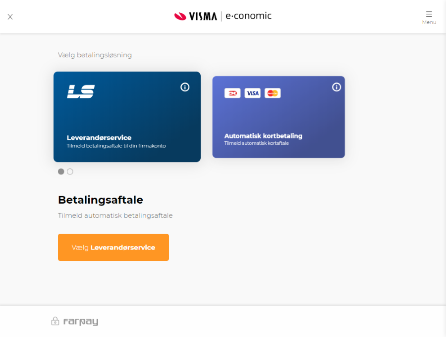 Viser valgmuligheder for automatisk betaling i Abonnementsstatus – bruges til at tilmelde fakturaen fra e-conomic til automatisk betaling.