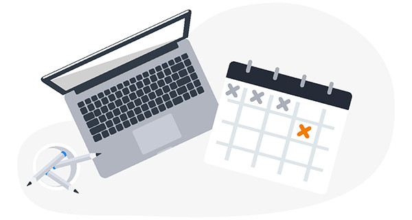 En illustration af en computer og en kalender på et bord ved siden af en kop med tre blyanter