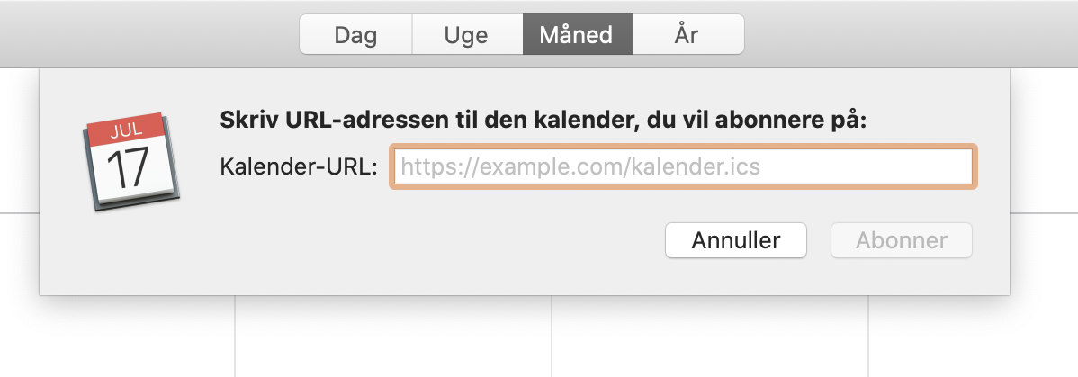 Et screenshot af indstillinger til at tilføje en kalender