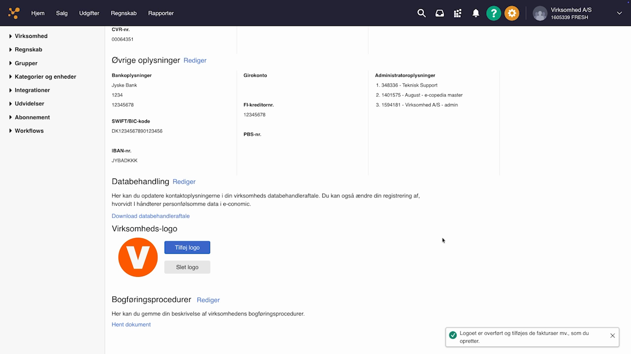 Viser knappen 'Tilføj logo' under 'Virksomheds-logo' i Stamoplysninger – bruges til at uploade virksomhedens logo.