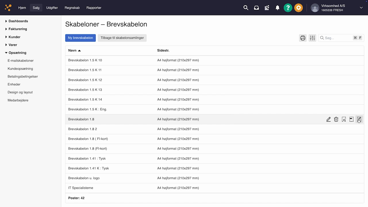 Viser listen 'Brevskabeloner' med 'Layout'-ikonet i Design og layout – bruges til at åbne layoutet for en brevskabelon.