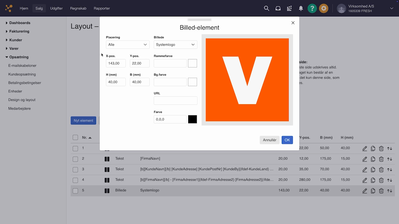 Viser vinduet 'Billed-element' med felterne X-pos., Y-pos., B (mm) og H (mm) – bruges til at justere logoets placering og størrelse.