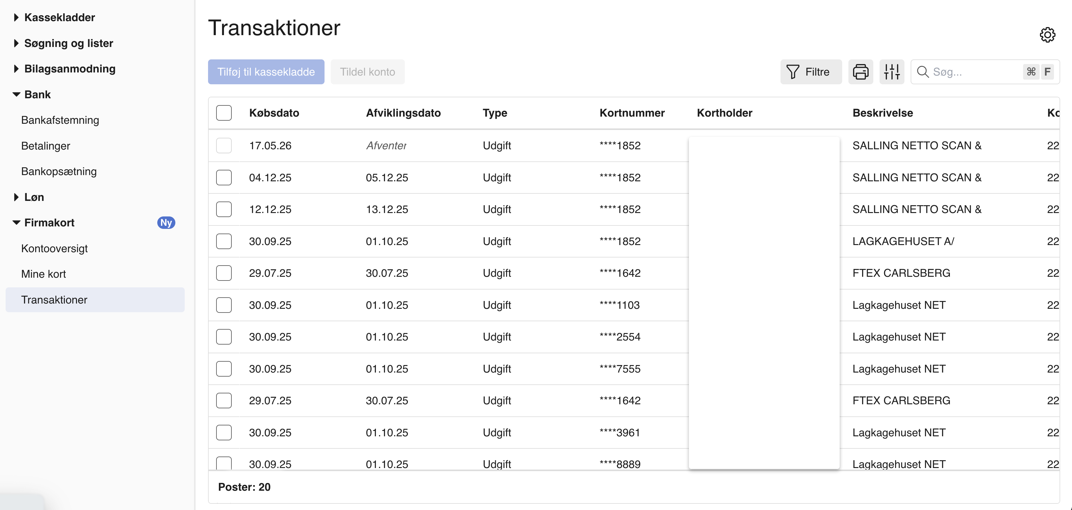 Viser transaktionsliste for firmakort i Transaktioner – bruges til at gennemgå og håndtere firmakorttransaktioner