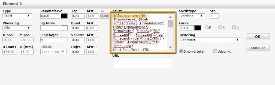 Viser redigeringsvinduet for et tekstelement i brevskabelonens layout – bruges til at manuelt ændre firmaoplysningerne for en skabelon.