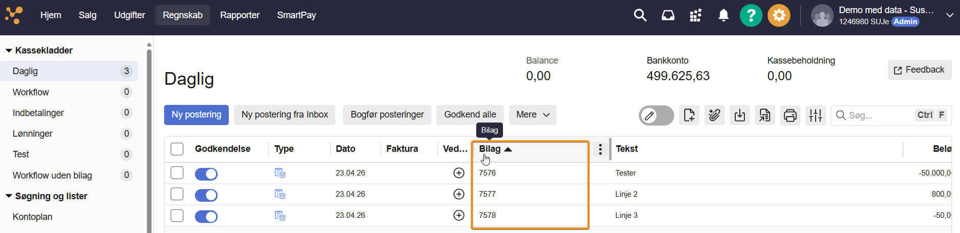 Billedet viser hvordan du ved at klikke på kolonnen kan sortere posteringerne.