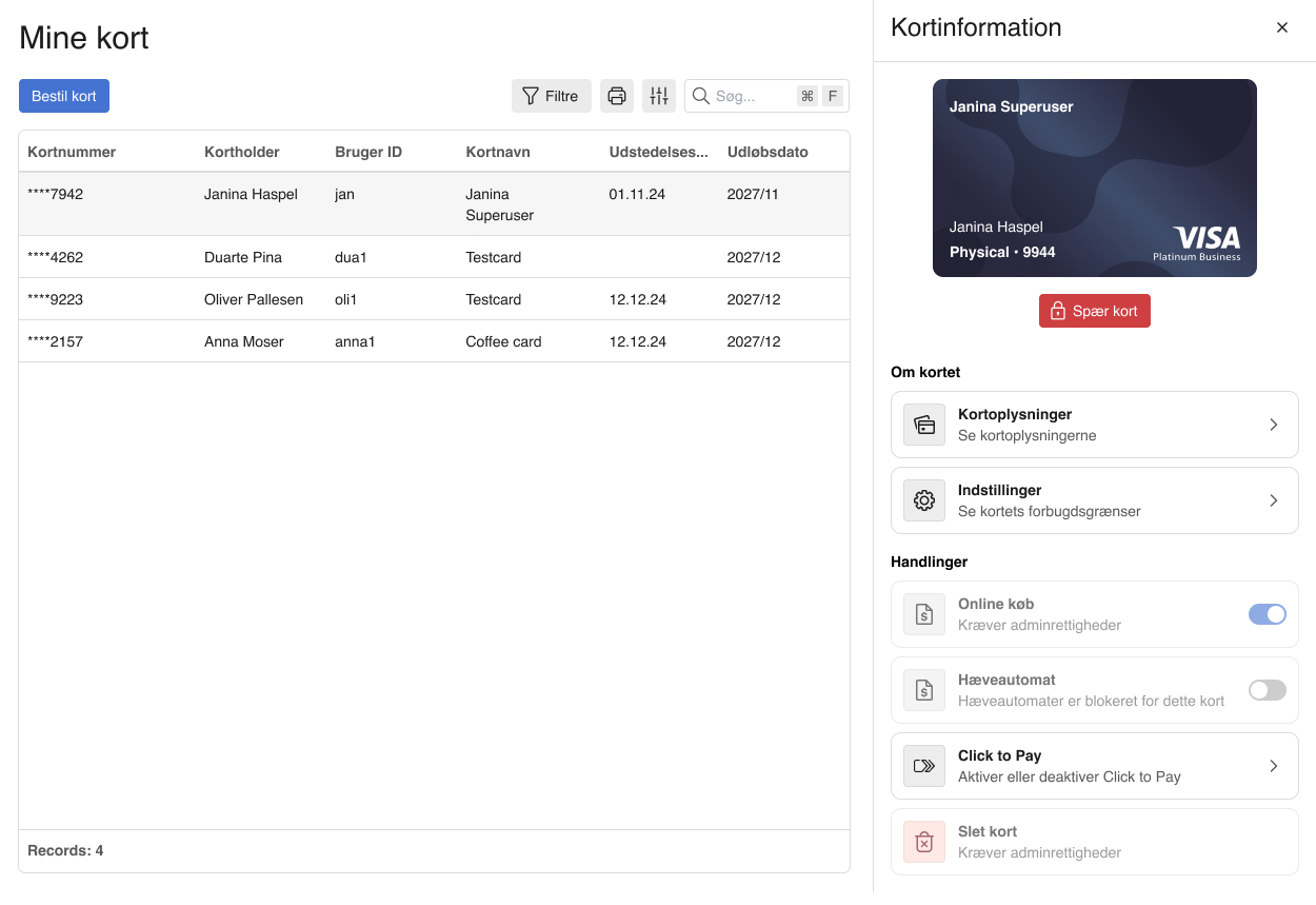 Viser kortindstillinger med Click to Pay i e-conomic-appen – bruges til at slå funktionen til eller fra