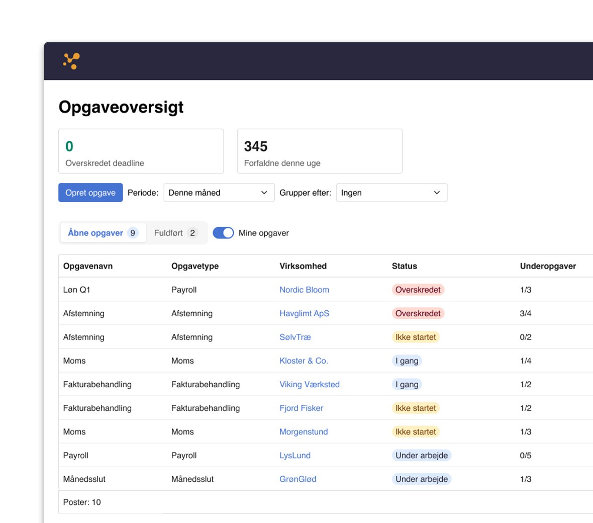 Et screenshot af e-conomics funktion Praksis