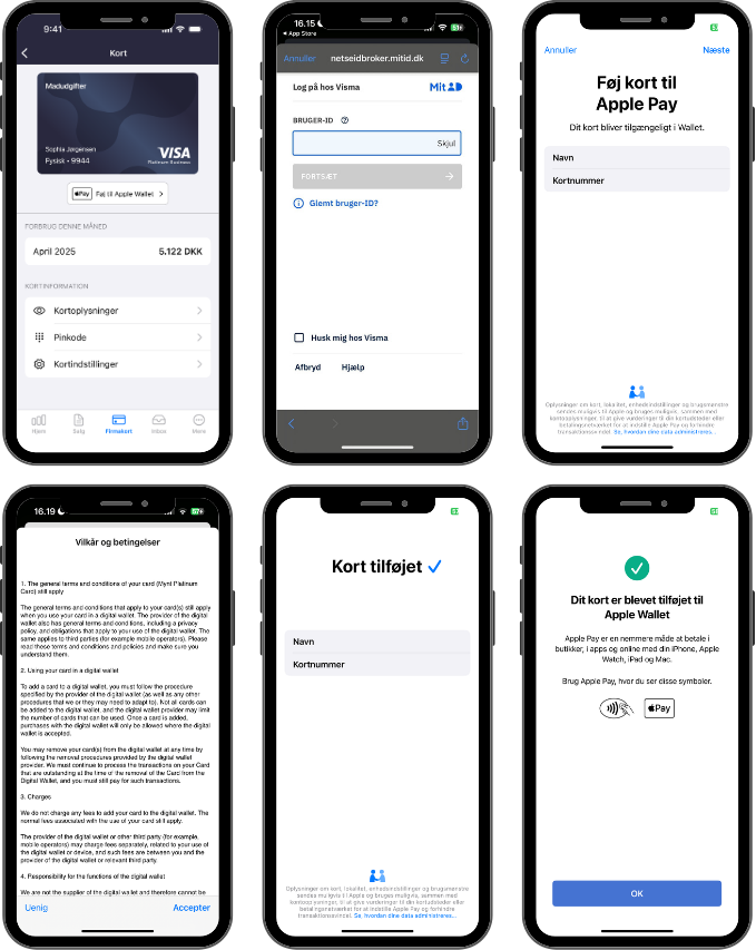 Viser trin i e-conomic-appen og Apple Wallet til at tilføje firmakort – bruges til at aktivere Apple Pay med kortet