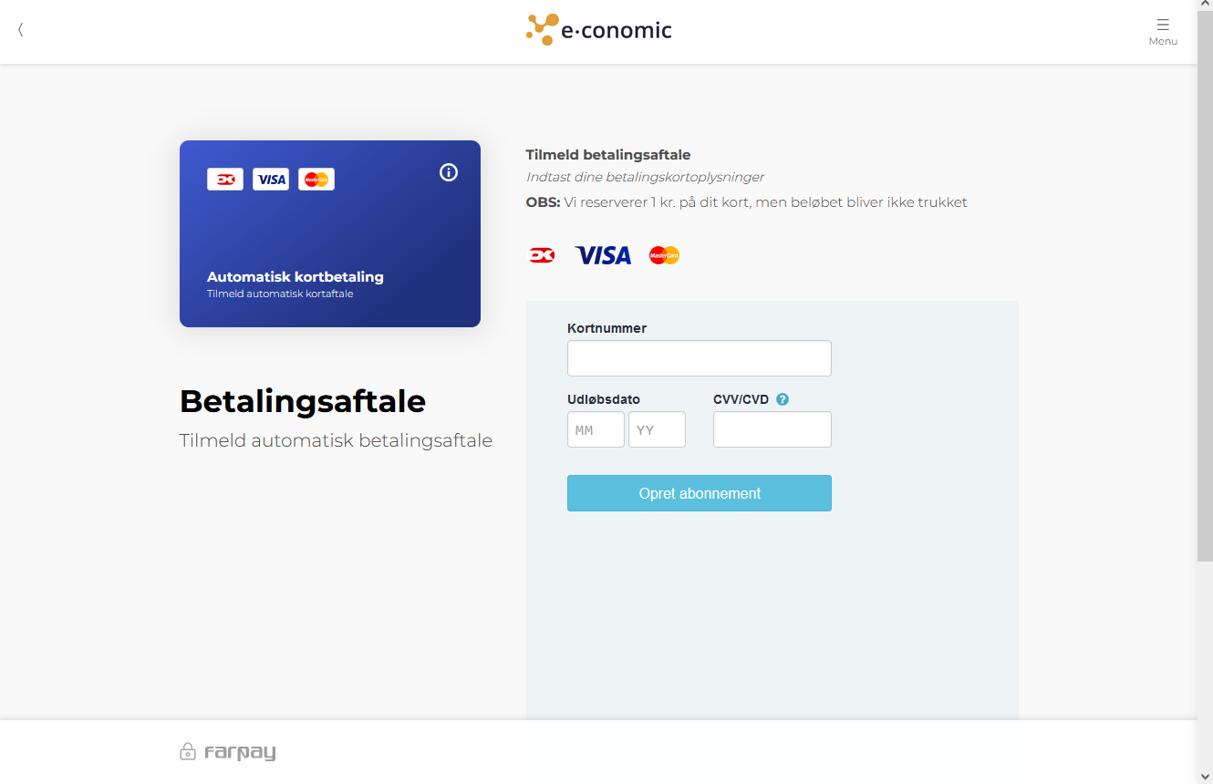 Viser formularen til indtastning af kortoplysninger i Abonnementsstatus – bruges til at tilmelde sin e-conomic aftale til automatisk kortbetaling.