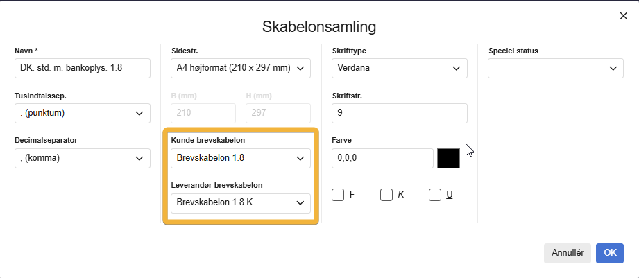 Viser valg af kunde- og leverandør-brevskabelon i skabelonsamlingen – bruges til at tilknytte eller fjerne specifikke brevskabeloner fra skabelonsamlingen.