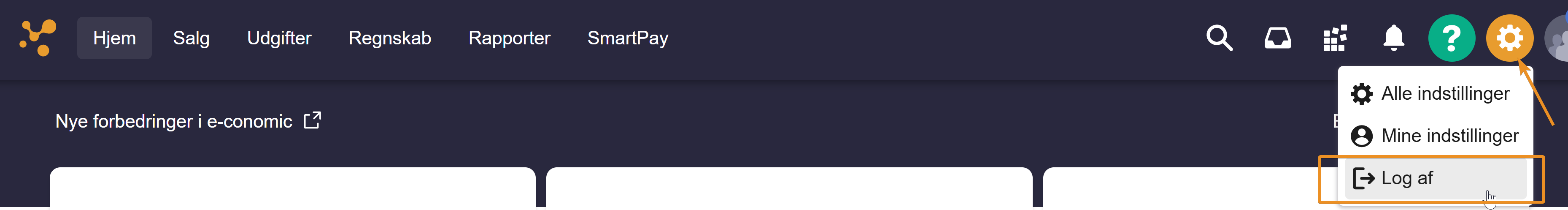 Viser hvor henne man finder "log af" til at logge ud af e-conomic.