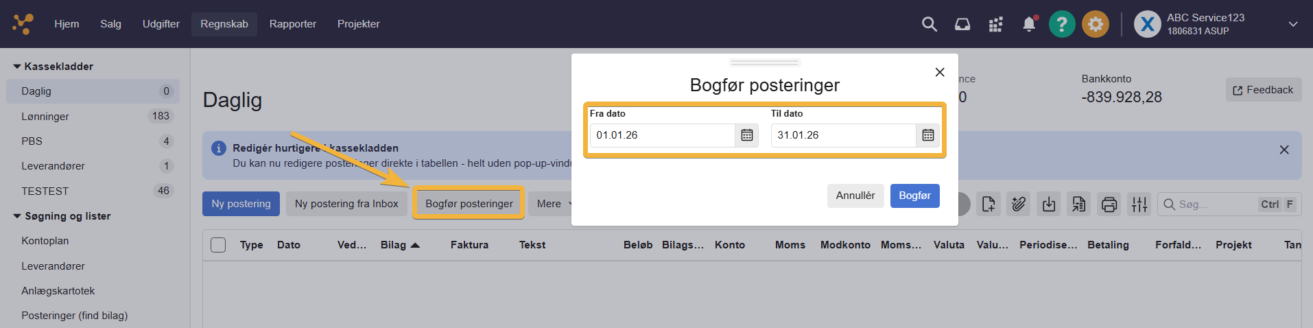 Viser vinduet Bogfør posteringer i modulet Regnskab – bruges til at bogføre posteringer inden for et valgt datointerval.