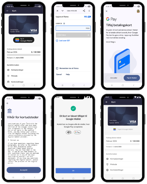 Viser trin i e-conomic-appen og Google Wallet til at tilføje firmakort – bruges til at aktivere Google Pay med kortet