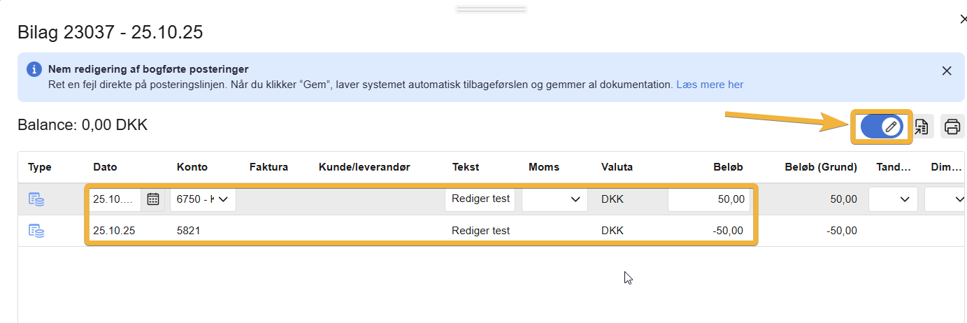 Viser hvordan at man slår redigeringen til, og derefter felterne som man kan redigere i.
