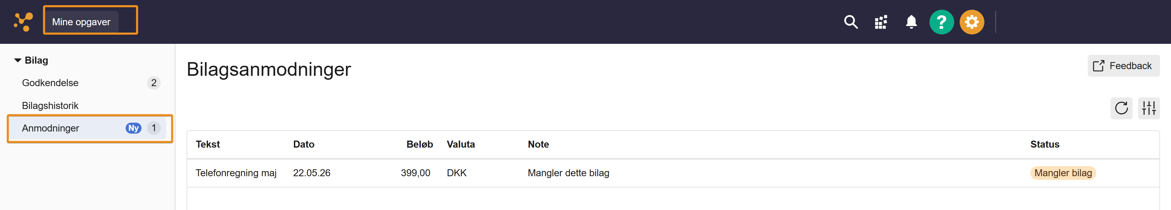 Viser "anmodninger" hvor du ser listen over de bilag du mangler at indsende.