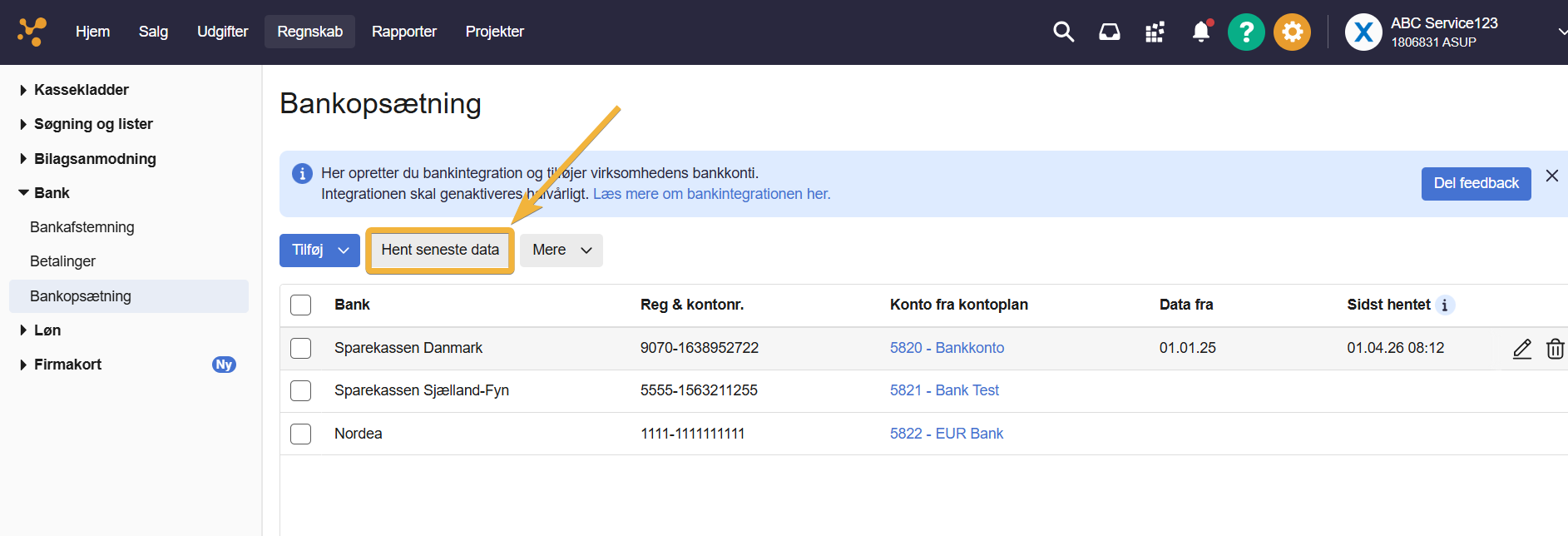 Viser knappen "Hent seneste data" i bankintegrationen – bruges til at hente de seneste banktransaktioner.