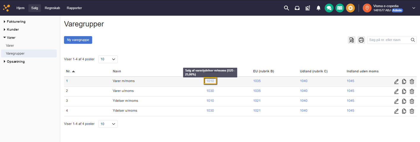 Viser et tooltip med en finanskontos navn i varegruppeoversigten – bruges til at kontrollere hvilken konto, der er knyttet til en momszone.